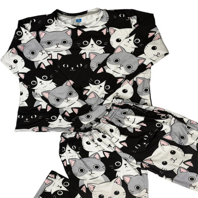 Pijama Verano Gatos Blanco y Negro Mujer Manga Larga