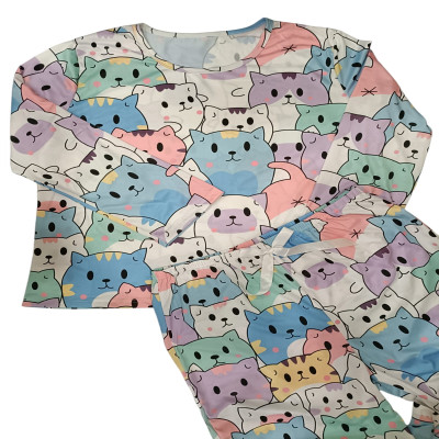 Pijama Verano Gaticos Blanco Mujer Manga Larga